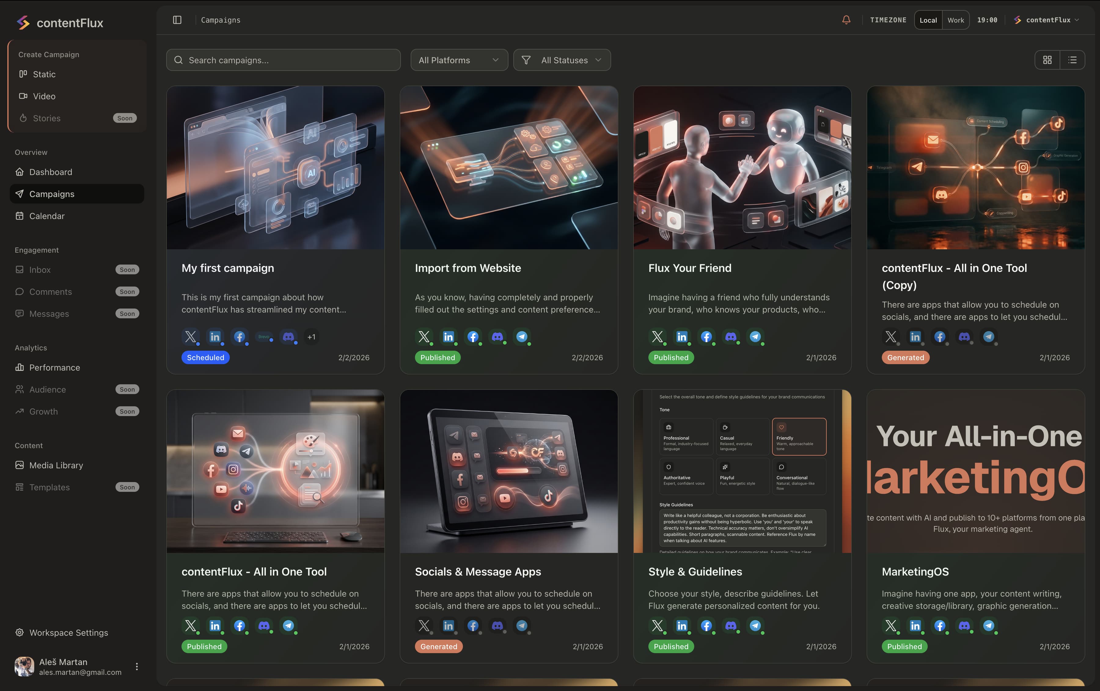 ContentFlux campaign dashboard showing multiple marketing campaigns