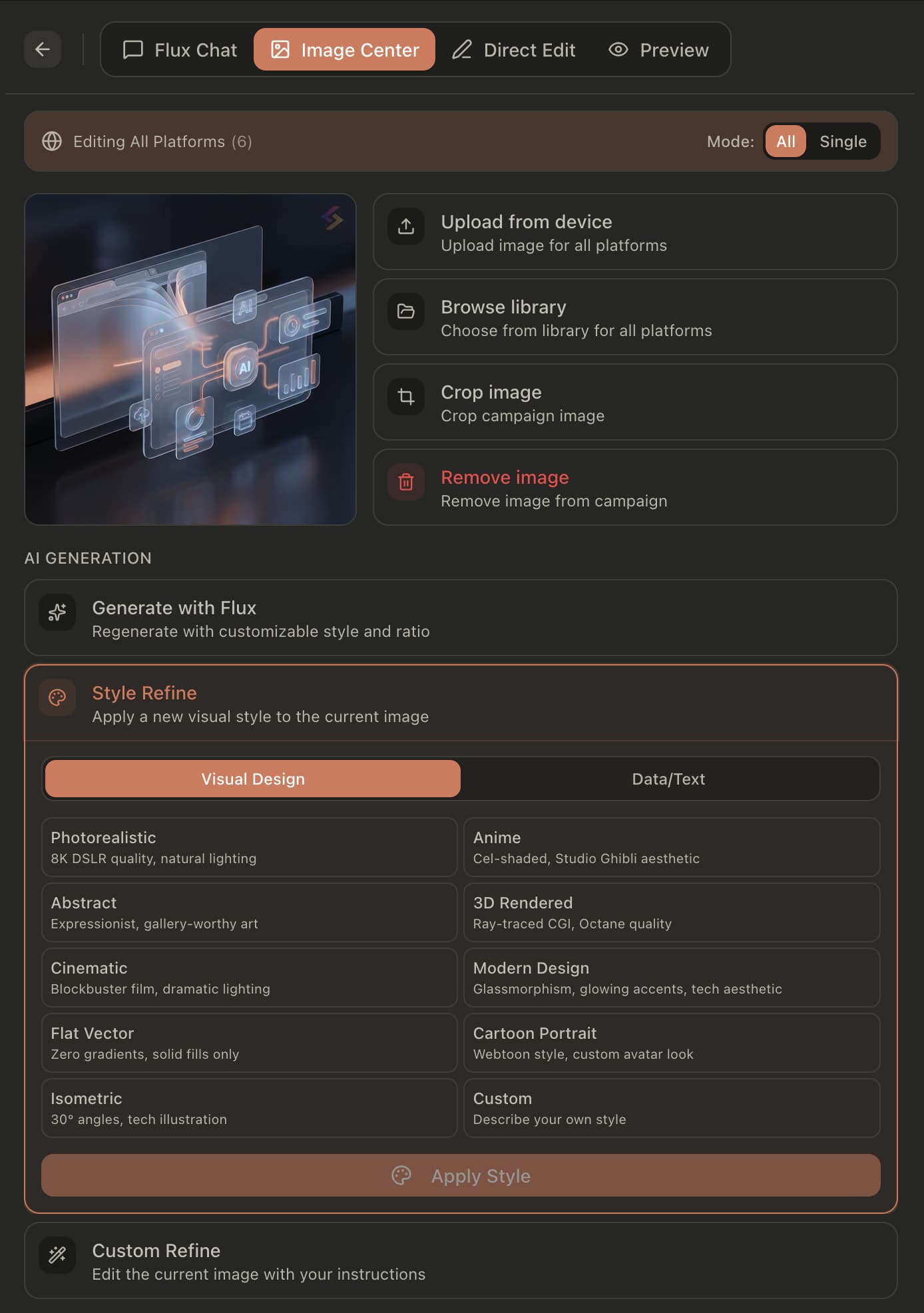 AI Image Center with visual styles and refine options