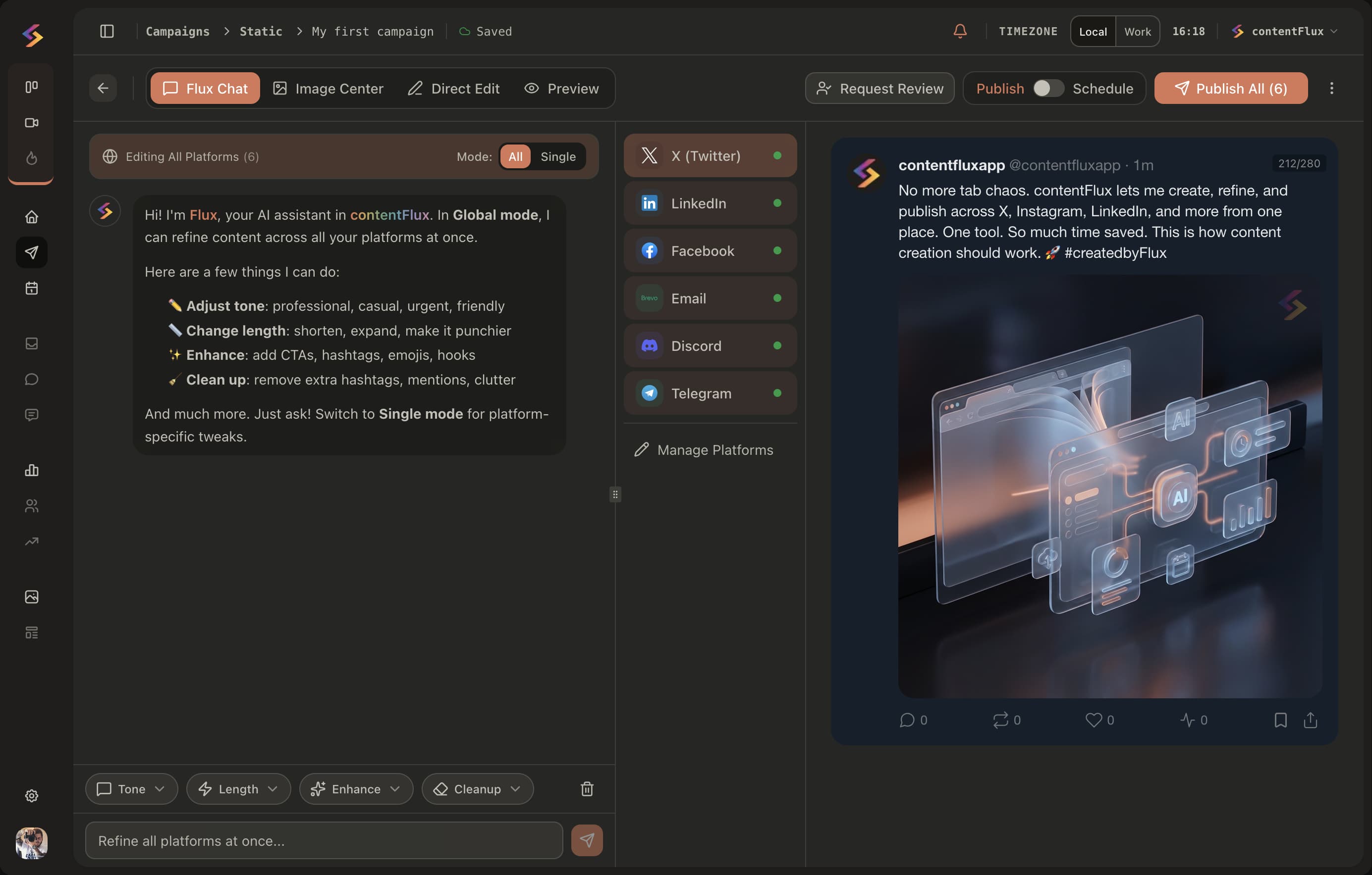 ContentFlux campaign editor with AI assistant