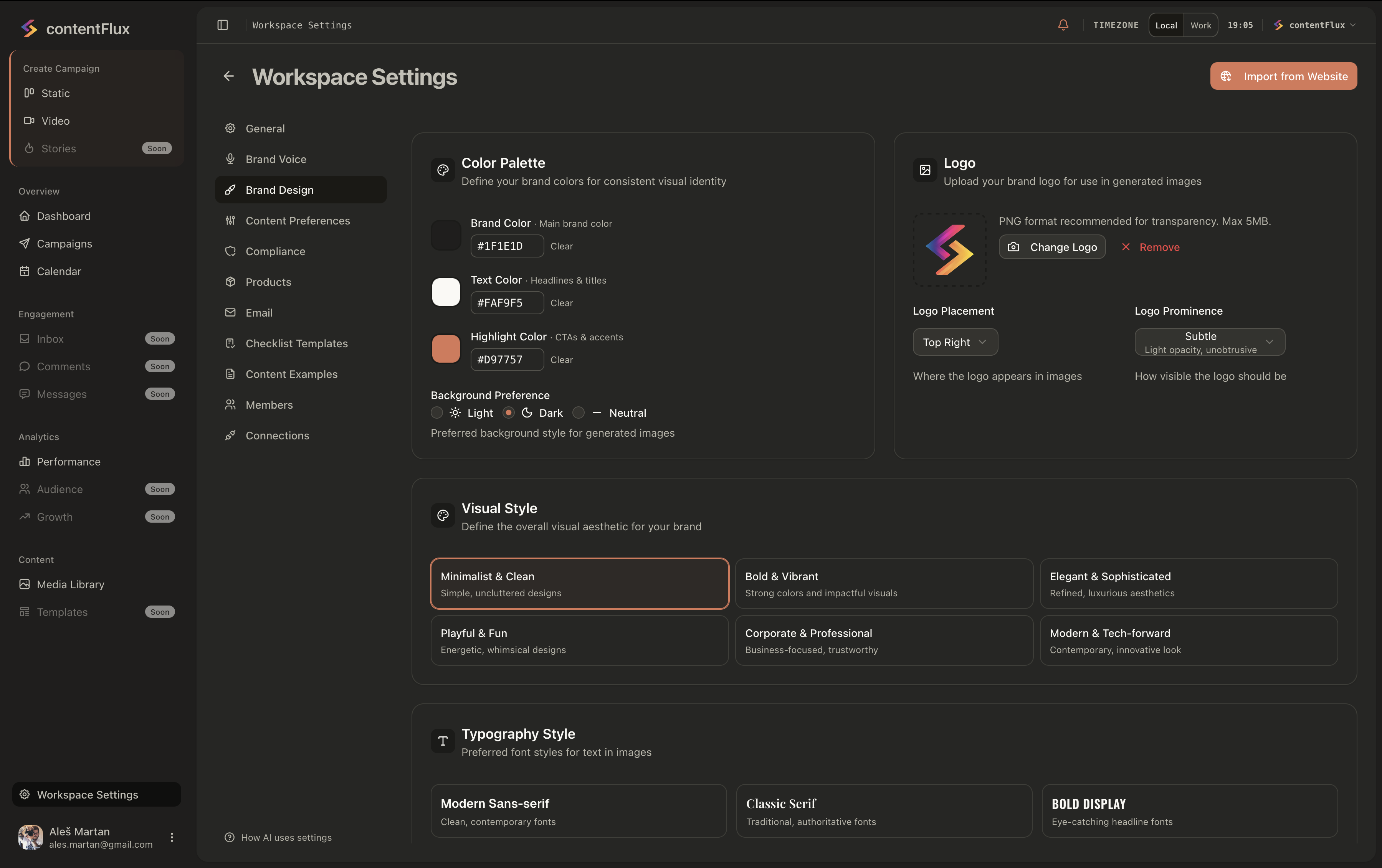 Brand design settings with color palette and visual styles